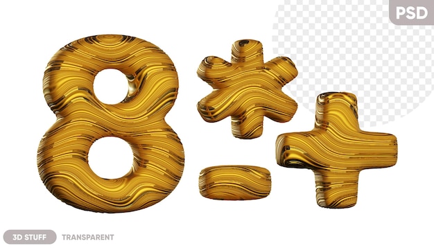 Asterisco de la letra dorada 8 más y menos con una ilustración 3d de textura ondulada brillante