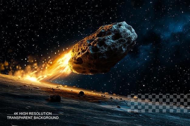 PSD asteroide y tierra un asteroide un meteorito cae al suelo sobre un fondo transparente