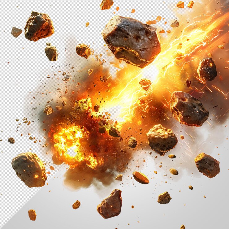 PSD asteroides chocando con explosiones ardientes png