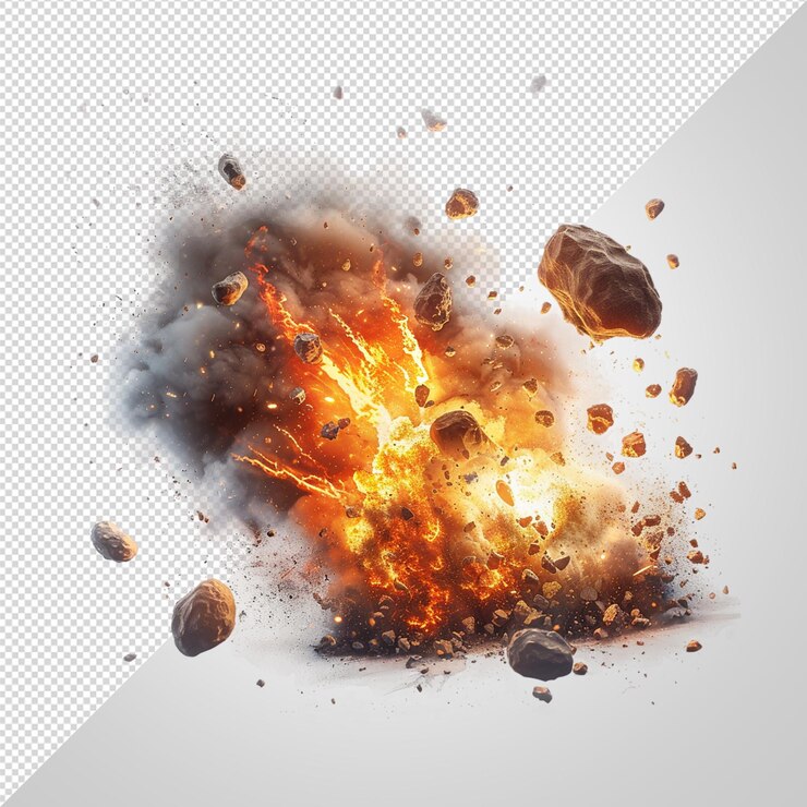 PSD asteroides chocando con explosiones ardientes png