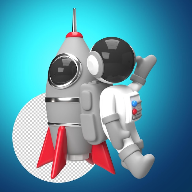 PSD astronaut 3d-render mit rakete nebeneinander