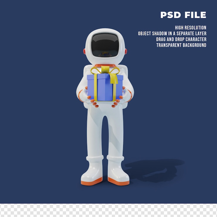 PSD astronaut character holding gift box
