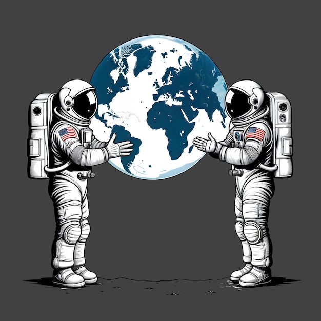 PSD astronaut und erde vektor handgezeichnete illustration cartoon-raumanzug astronaut raumfahrer erde