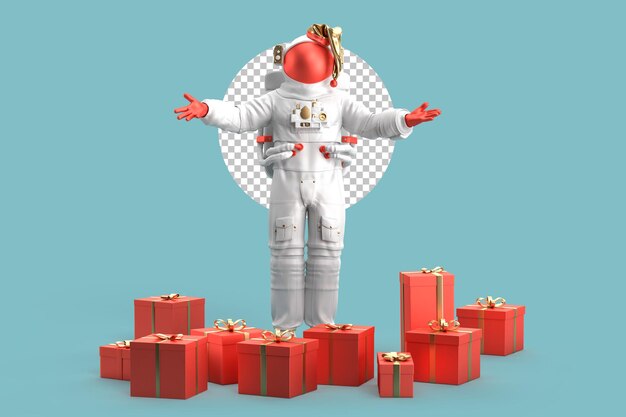 Astronaut weihnachtsmann mit weihnachtsgeschenken. weihnachtskonzept. 3d-rendering