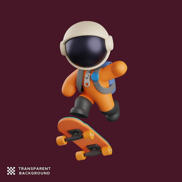 Astronauta 3d haciendo saltos de estilo libre en el monopatín. linda ilustración