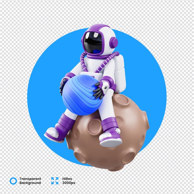Astronauta 3D sentado en un planetoide sosteniendo una esfera azul