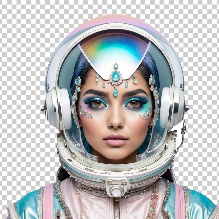PSD una astronauta con una cara colorida y las palabras espacio en la cara