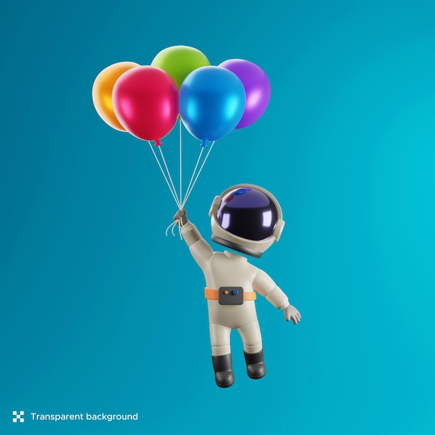 Astronauta che vola con l'illustrazione 3d di palloncini