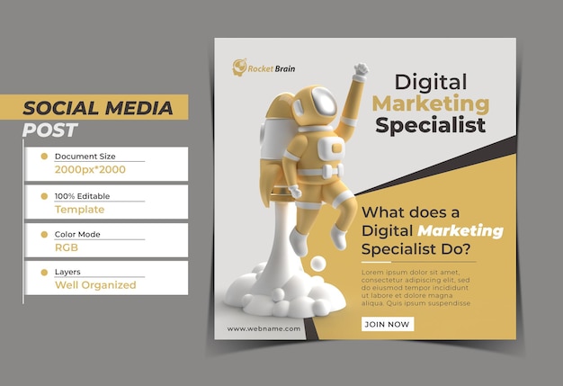 Astronauta Fly Rocket Digital Concept Instagram Post Banner Templ