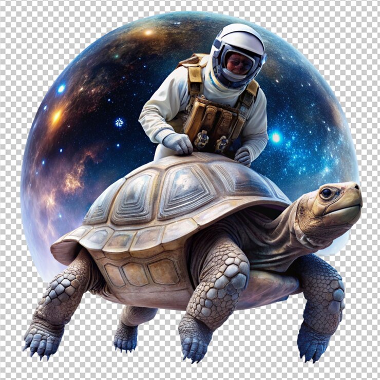 PSD astronauta hombre del espacio en una tortuga astronómica