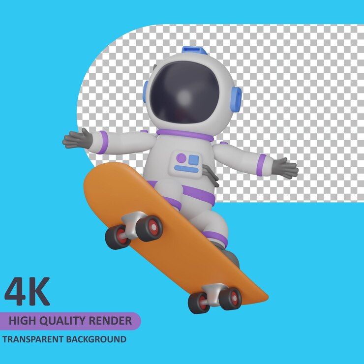 PSD el astronauta infantil de la representación del modelo 3d está patinando