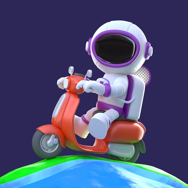 PSD astronauta montando un scooter rojo en la tierra ilustración 3d