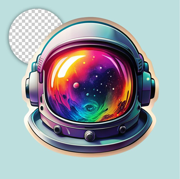 PSD astronauta en una pegatina espacial sobre un fondo transparente