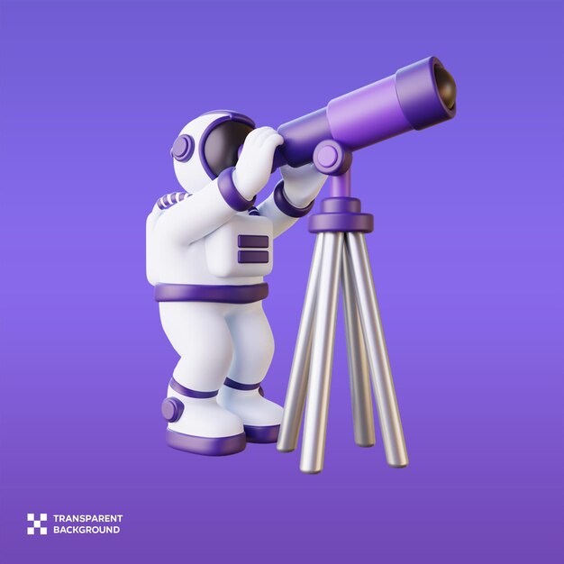 Astronauta de PSD mirando a través del telescopio Ilustración 3D