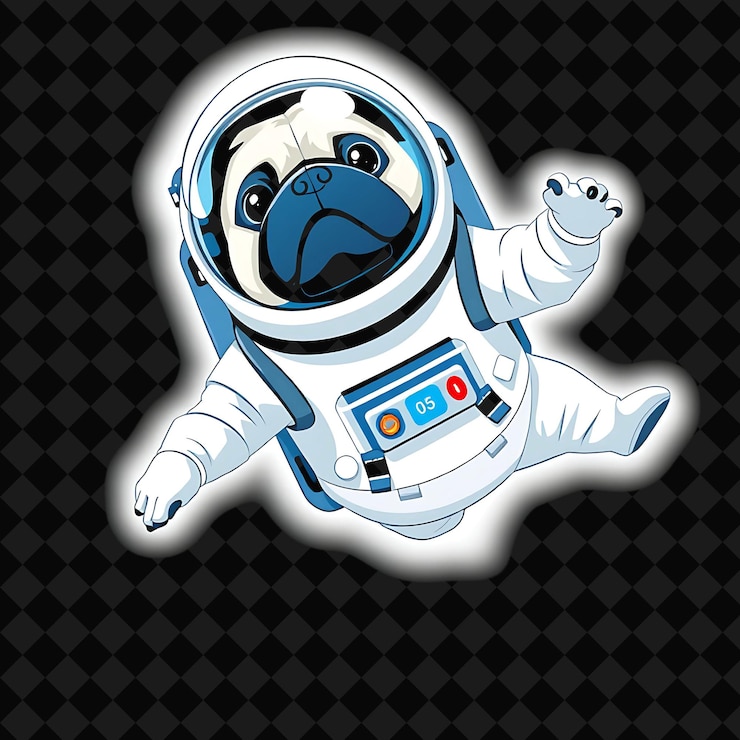 PSD astronauta pug flotando con acción posada flotante con traje espacial y casco 2d vivo blanco y