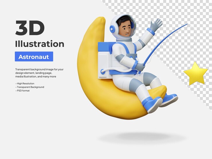 PSD astronauta sentado en la luna mientras pesca estrellas ilustración de dibujos animados en 3d