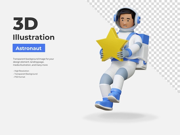 PSD astronauta voando no espaço e segurando uma estrela ilustração de desenho animado 3d