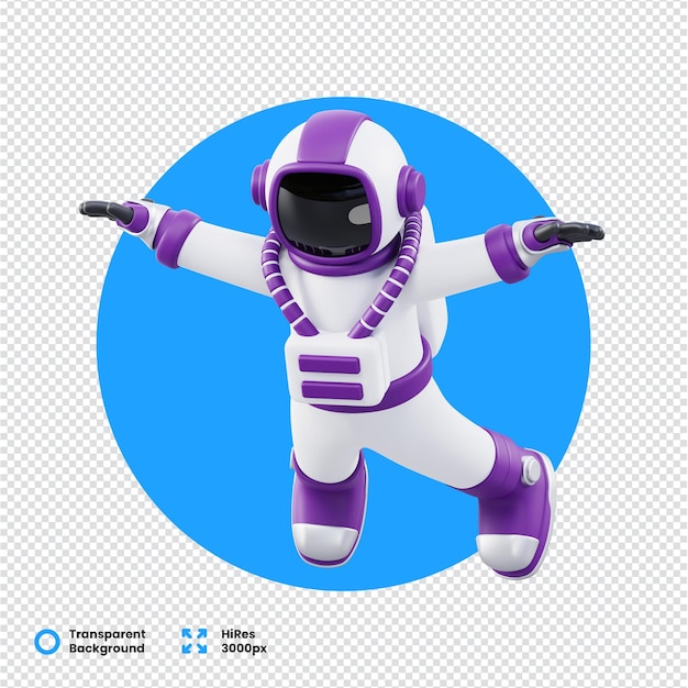 Astronauta volador renderizado en 3D con traje púrpura y blanco