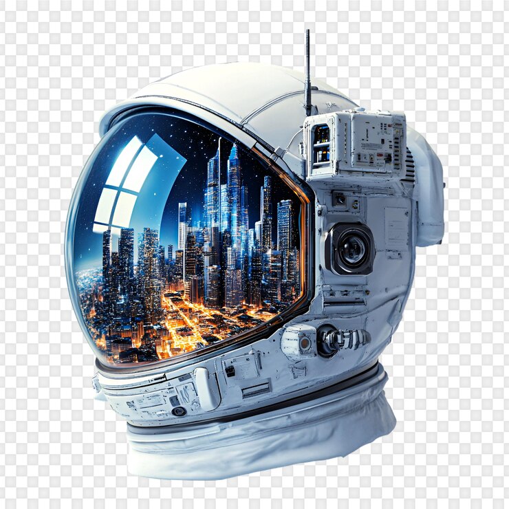 PSD los astronautas observan una ciudad dentro del cosmos