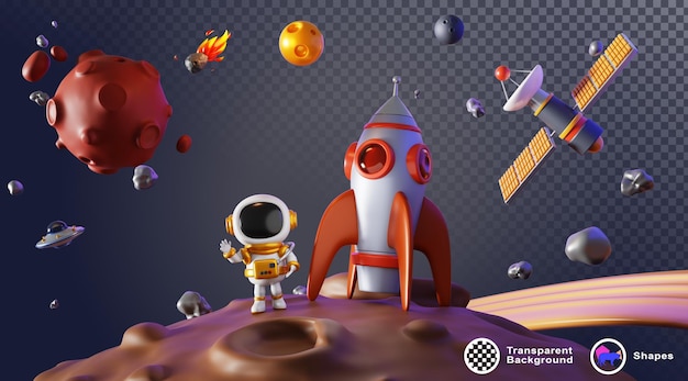 Astronaute 3D et fusée sur la surface de la Lune Rendering de dessin animé d'un astronaute en combinaison spatiale agitant dans l'espace extérieur debout sur une planète extraterrestre paysage avec des cratères astéroïdes satellite dans le ciel nocturne