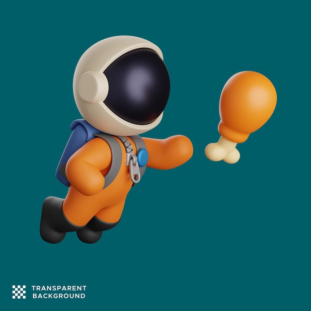 Astronaute 3d Prenant Un Poulet Frit Volant. Personnage Mignon