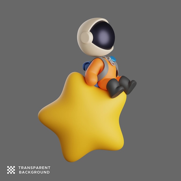 PSD astronaute assis sur une grande étoile jaune en levant. illustration de rendu 3d