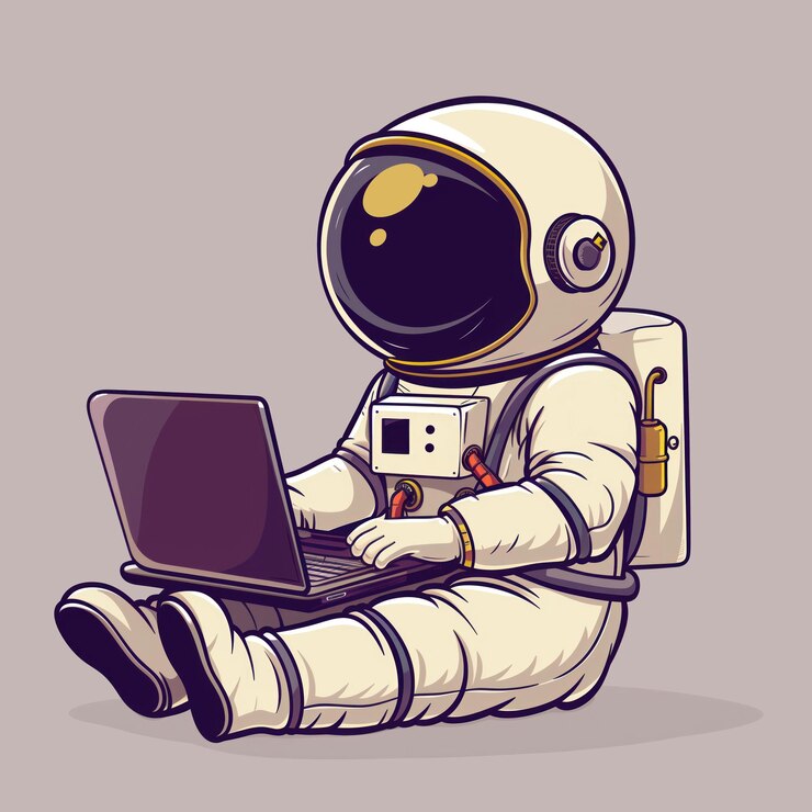 PSD un astronaute en combinaison spatiale travaillant avec un ordinateur portable