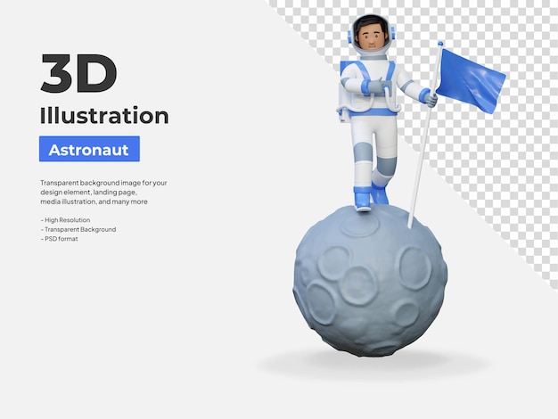 Astronaute Debout Sur La Lune Tout En Tenant Un Drapeau Illustration De Dessin Animé 3d