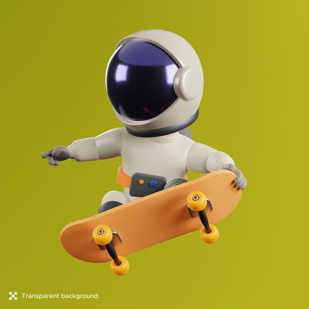 Astronaute jouant à la planche à roulettes avec le personnage de rendu 3d pose attrayant