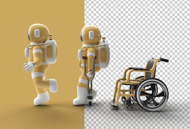 Un astronaute de rendu 3D handicapé à l'aide de béquilles pour marcher avec un fauteuil roulant