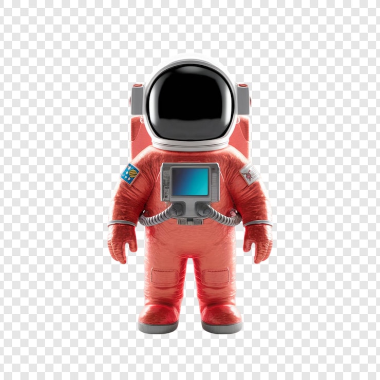 PSD un astronaute rouge avec une étiquette bleue sur le dos