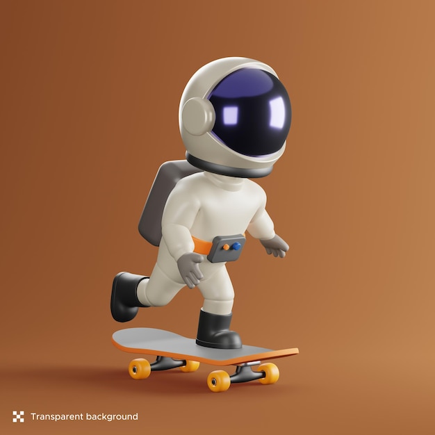 Astronautencharakter, der skateboard spielt, 3d-darstellung