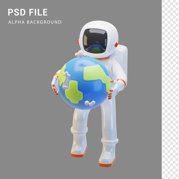 Astronautencharakter umarmt die Erde in 3D-Rendering