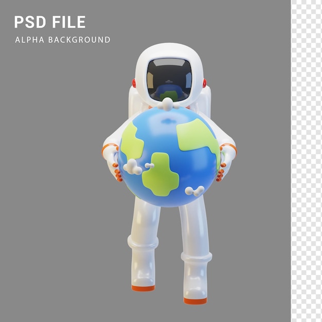 Astronautencharakter umarmt die erde in 3d-rendering