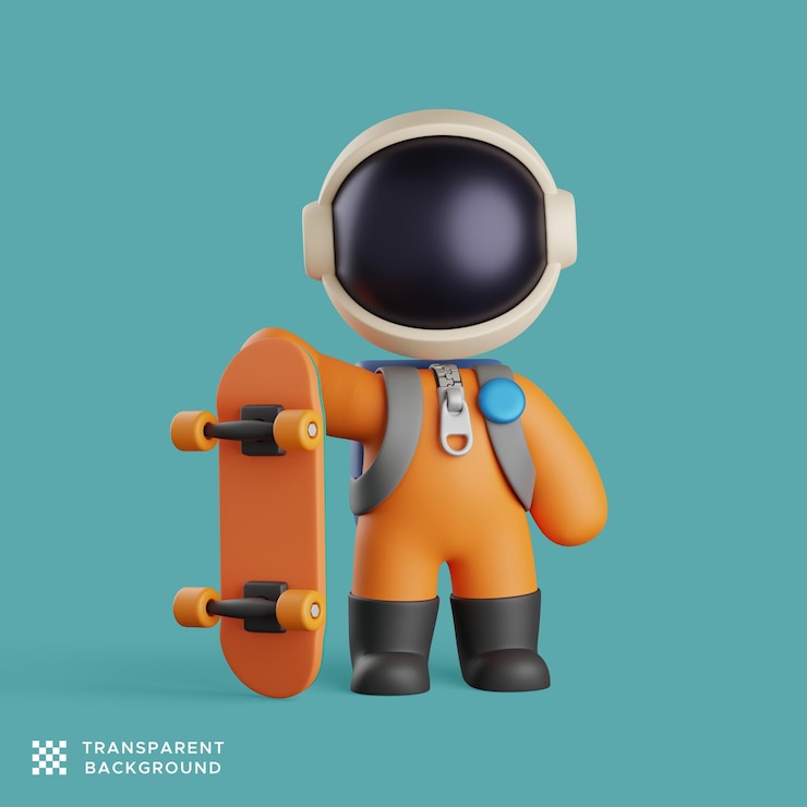 PSD astronot 3d memegang skateboard. ilustrasi karakter lucu
