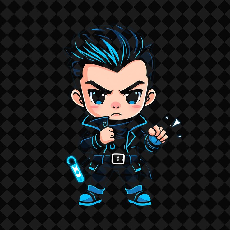 PSD el astuto chico chibi con el cabello rizado hacia atrás, los ladrones, el atuendo, la cerradura brillante, las herramientas de recogida, el neón, la medianoche.