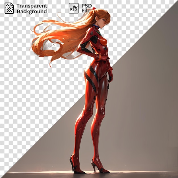 PSD asuka langley de neon genesis evangelion está pilotando seu fato de evaporação em uma cena com uma perna vermelha e cabelo longo visível em primeiro plano contra um cinza