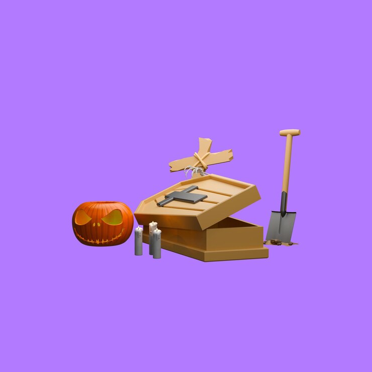 PSD un ataúd de icono 3d con un hecho de madera y con una vela y calabaza y con una pala