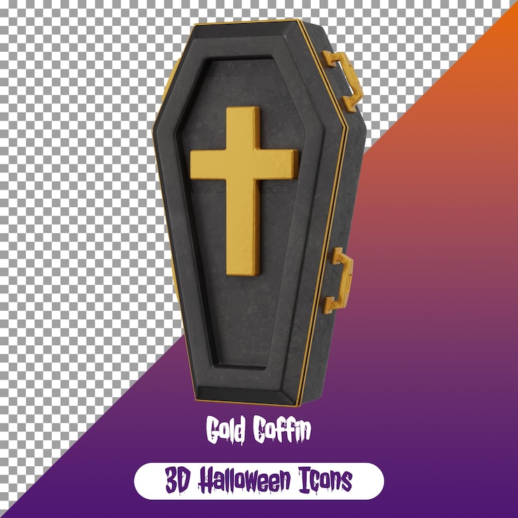 PSD un ataúd negro y dorado con cruz en la parte superior decoración de halloween 3d png icono de halloween aislado psd