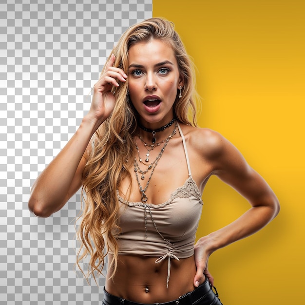 Atemberaubende blonde Frau mit überraschtem Gesichtsausdruck Hintergrund durchsichtig