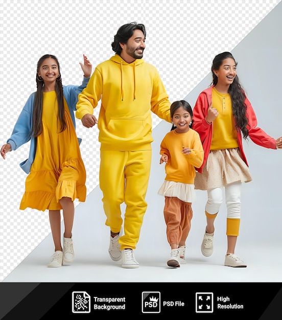 Atemberaubendes glück in diesem familienbild mit einem jungen mädchen in einem gelben kleid, einem stehenden mann in einer gelben hose und einer frau mit langen haaren png psd