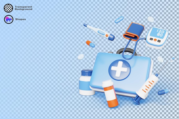 PSD atención médica de emergencia 3d pancarta icono de equipo médico bolsa de primeros auxilios medicina tonometro termómetro jeringa botella de pastillas en fondo azul servicio de ambulancia atención médica