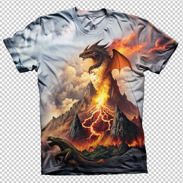 PSD el aterrador diseño de la camiseta del volcán del dragón sobre un fondo transparente