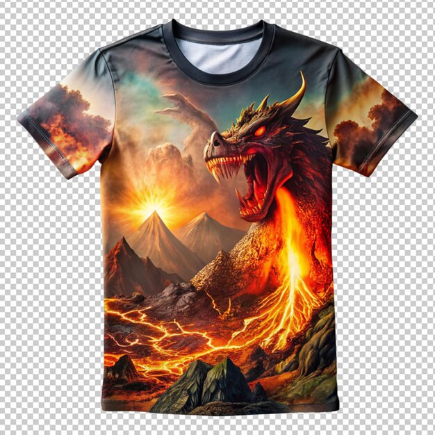 PSD el aterrador diseño de la camiseta del volcán del dragón sobre un fondo transparente