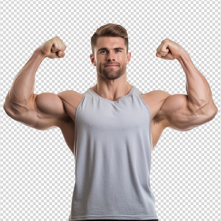 PSD athlète mâle fléchissant un muscle isolé sur un fond transparent