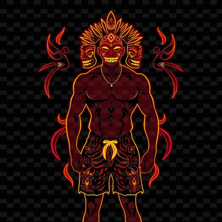 PSD athletic man in swim trunks neon tribal art design with red and gold theme decorated with tiki ma