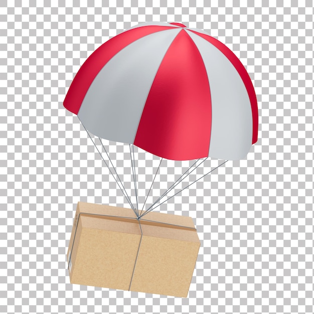 Ativo 3D realista de caixa de papelão com pára-quedas vermelho e branco para logística com traseiro transparente