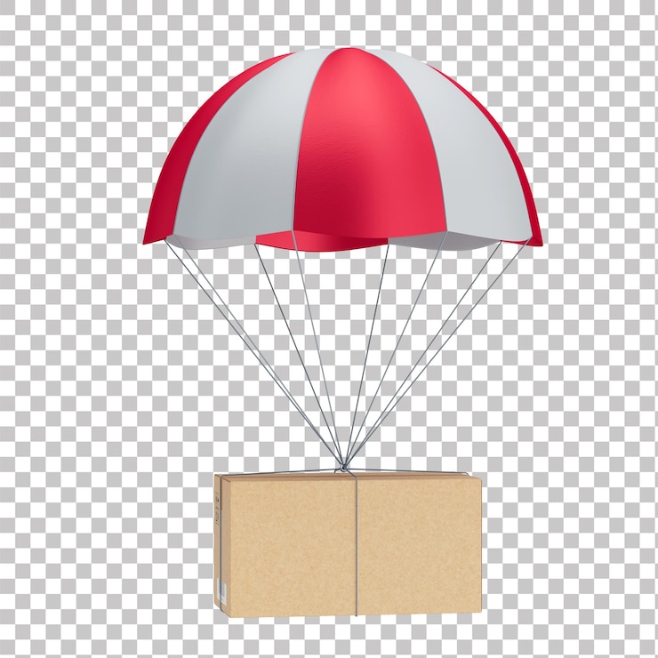PSD ativo 3d realista de caixa de papelão com pára-quedas vermelho e branco para logística com traseiro transparente