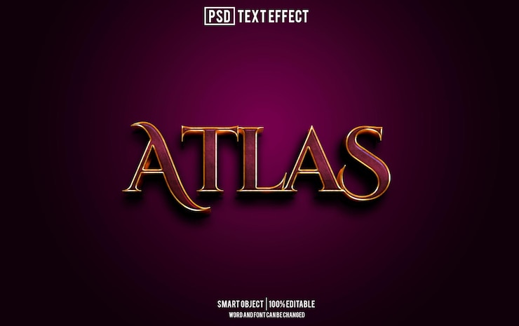 PSD atlas-texteffekt-schriftart, bearbeitbarer typografie-3d-text