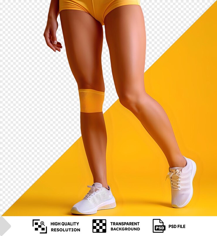 PSD atleta adulto transparente que sufre de un dolor agudo en la parte inferior de la pierna con pantalones cortos amarillos y zapatos blancos con las piernas desnudas y una mano visible en primer plano png psd